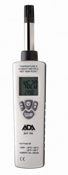 Измеритель влажности и температуры ADA ZHT 100 Диапазон измерения влажности: 0-100%RH Точность измерения влажности: ± 2%RH Точность измерения температуры: ± 0.5°C